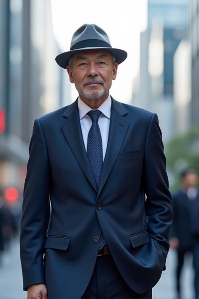 ビジネススーツとフェドーラのコーディネート